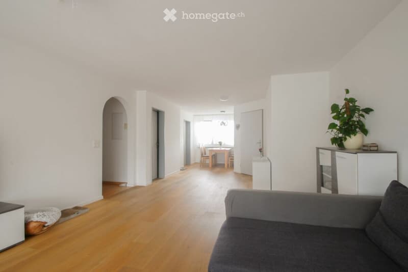 Bright, open living space with wooden flooring, white walls, and modern furniture including a sofa, dining table, chairs, and a cabinet with a plant on top.