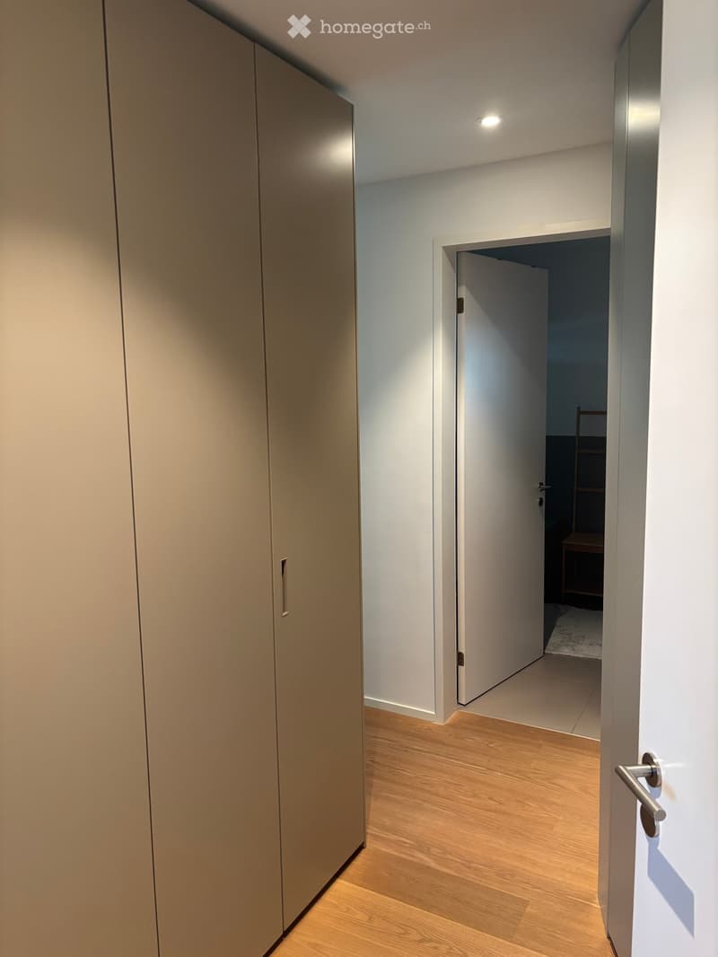 Modern hallway with light wooden flooring, white walls, and a partially open door leading to another room.