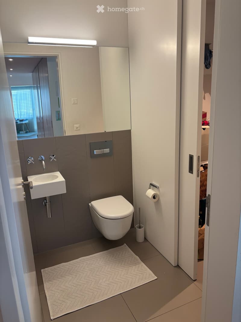 Modern bathroom with a white sink, toilet, and grey tiled walls. Includes a toilet paper holder, toilet brush holder, and a grey bathroom rug on the floor.