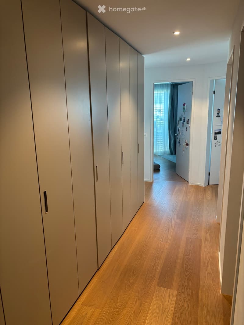 A modern hallway with light wooden flooring, white built-in wardrobes on one side, and open doorways leading to other rooms.