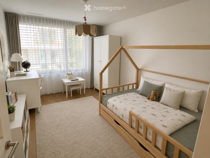 Cozy children's bedroom with a wooden bed, green bedding, a small desk, and a cabinet. The room features a soft rug, a globe, and decorative pillows.