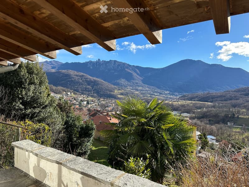Balcony with wooden ceiling, overlooking a town and mountain range, with palm trees and other vegetation in the foreground.
