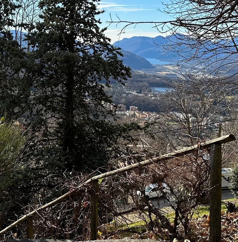 A scenic outdoor view from a high vantage point, showing a town nestled in a valley with mountains in the background and a lake visible in the distance.