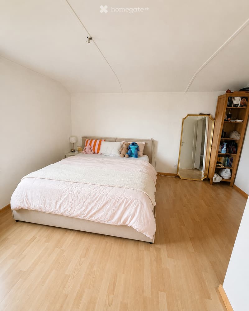 Cozy bedroom with light wooden flooring, a large bed with white bedding and colorful pillows, a nightstand with a lamp, a large mirror, and a wooden bookshelf filled with books and decorative items.