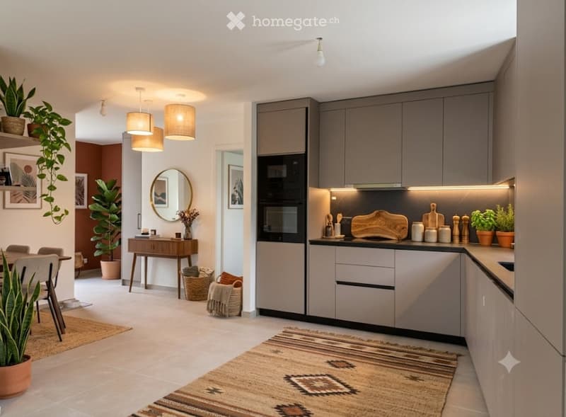 Modern kitchen with grey cabinets, stainless steel appliances, and a dining area. Features include pendant lights, a large mirror, and decorative plants.
