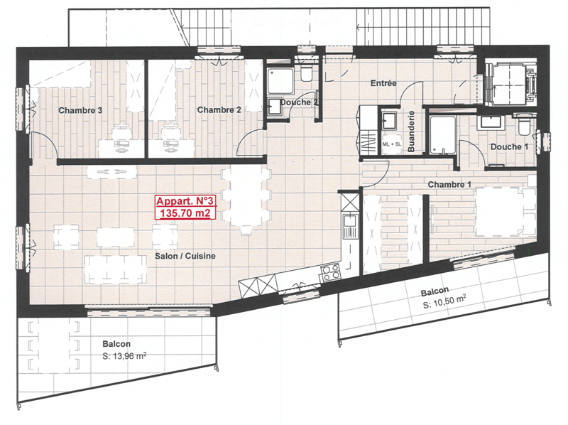 Floor plan of Apartment No. 3, 135.70 m², featuring a living/dining area, three bedrooms, two bathrooms, a laundry area, and two balconies (13.96 m² and 10.50 m²).