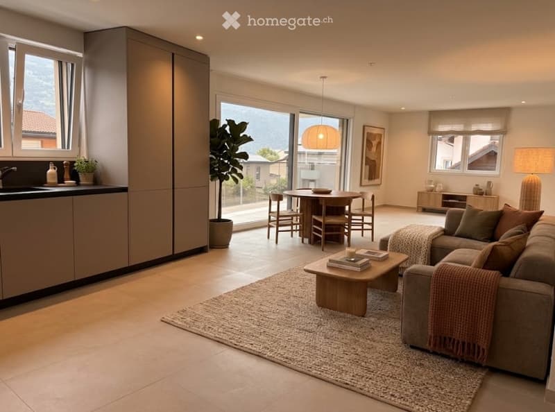 Open-plan living and dining area with modern furniture, large windows offering a scenic view, and a cozy seating arrangement.