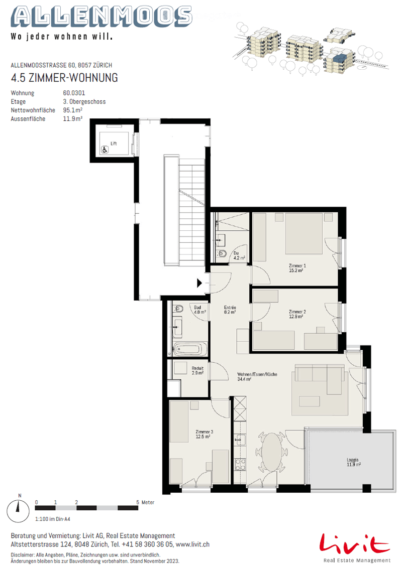 Floor plan of a 4.5-room apartment on the 3rd upper floor, featuring a living/dining/kitchen area, three bedrooms, a bathroom, a shower, a hallway, and a balcony.