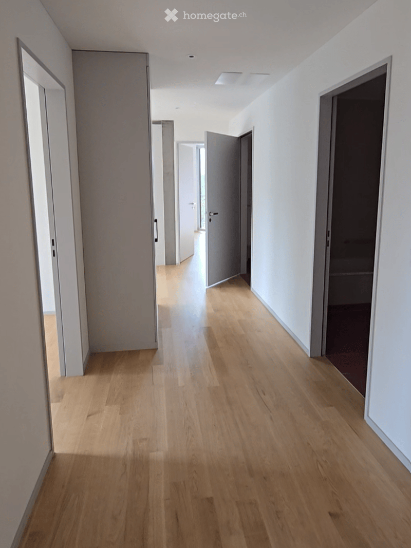A modern, minimalist hallway with light wooden flooring, white walls, and several closed doors. The space is well-lit with recessed ceiling lights, and the doors have sleek, contemporary designs.
