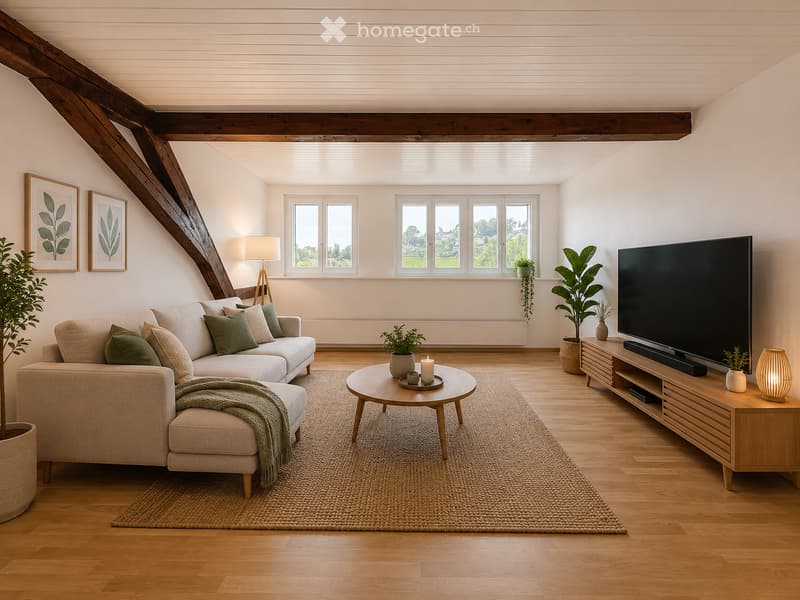 Bright living room with wooden floors, large windows, a sectional sofa, coffee table, TV stand, and decorative plants.
