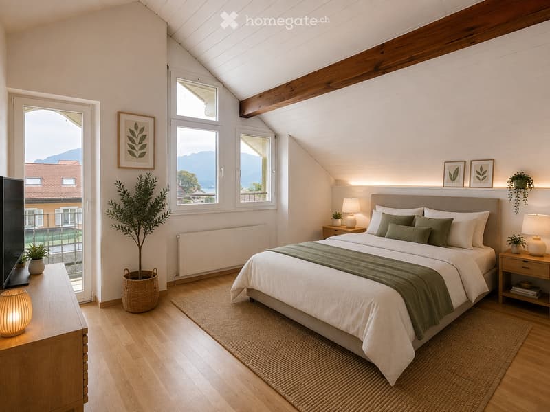 Bright, modern bedroom with wooden floors, large windows offering a scenic view, a neatly made bed with green and white bedding, nightstands with lamps, a small table with a plant, and decorative picture frames on the walls.