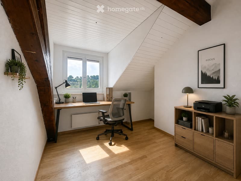 Bright, modern home office with wooden flooring, large windows, a desk with a laptop, ergonomic chair, shelving unit with books and printer, and decorative plants.