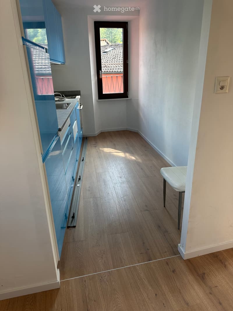 A narrow hallway with light wooden flooring, white walls, and a small white bench on the right side. A kitchen area is visible on the left with blue cabinets and a sink.