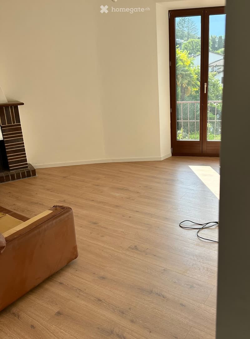 Living room with wooden flooring, fireplace, and a sofa near the entrance to a balcony.