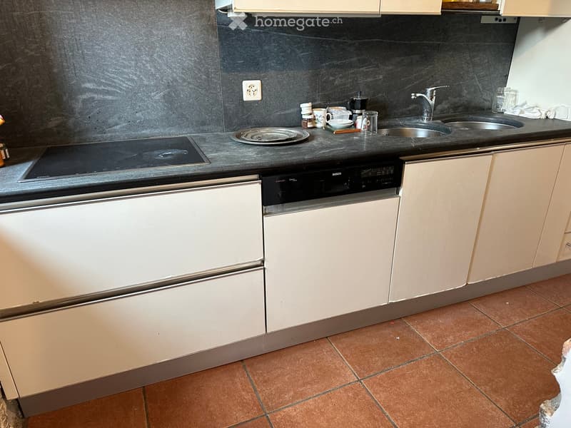 Modern kitchen with light-colored cabinets, a Bosch dishwasher, an induction stove, and a double sink. Countertop has various items including cups, jars, and a plate.