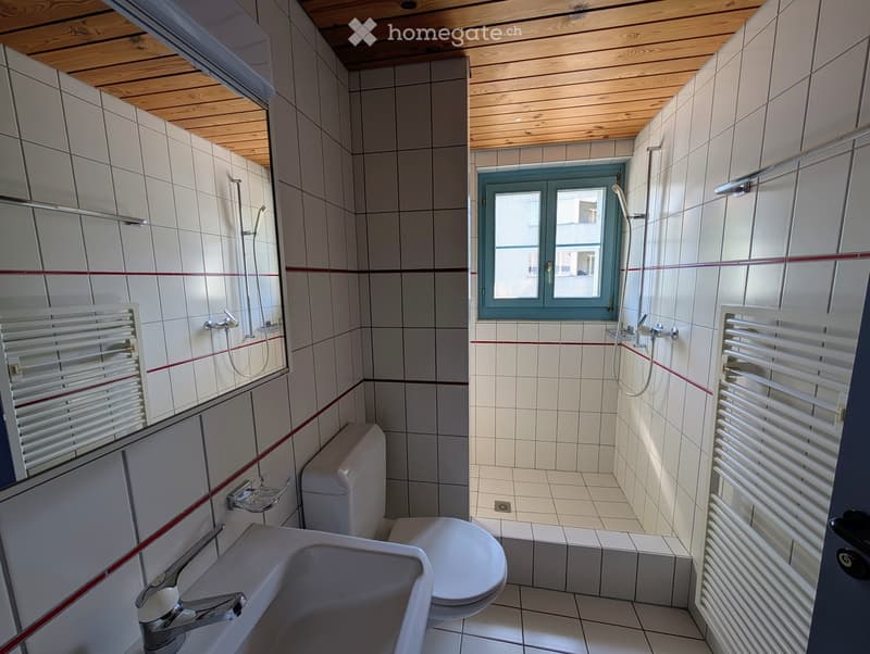 Modern bathroom with white tiled walls and floor, a sink with a chrome faucet, a toilet, a shower area with a glass enclosure, and a radiator on the wall.