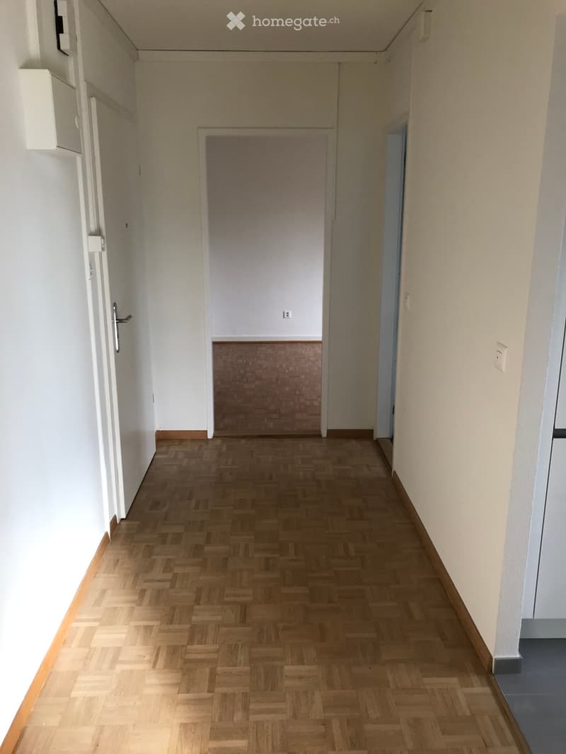 Empty hallway with wooden herringbone flooring, white walls, and several doors.