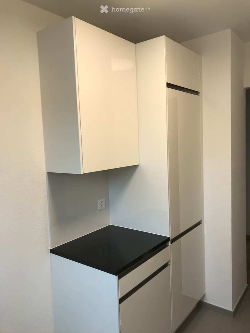 Corner of a room with white cabinets and a black countertop, no furniture or appliances visible.