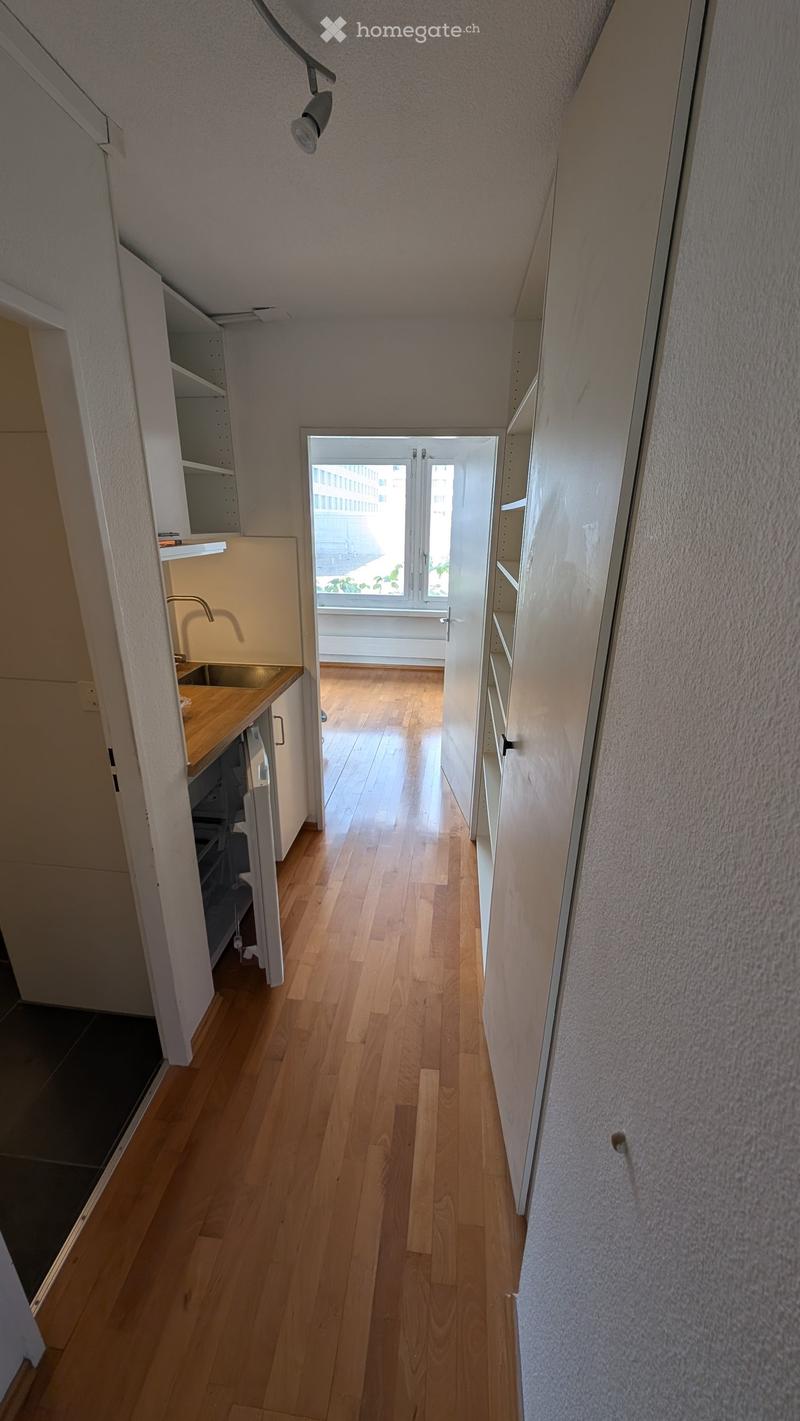 A narrow hallway with wooden flooring, white walls, and built-in shelving units on both sides. A small kitchenette area is visible on the left, with a sink, faucet, and countertop. A door at the end of the hallway leads to a room with large windows and a