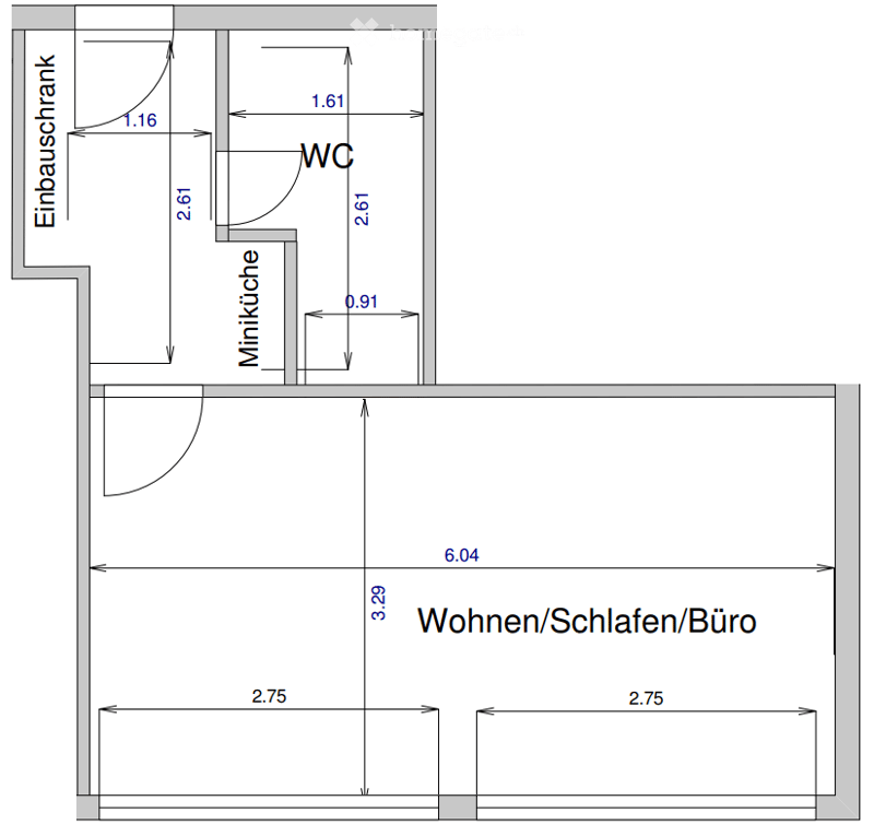 Floor plan showing a multi-purpose room (living/sleeping/office), a mini-kitchen, a WC, and an entrance area with dimensions.
