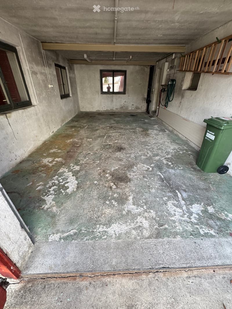 Empty concrete room with bare walls, floor, and windows. A green trash bin is placed in the corner.