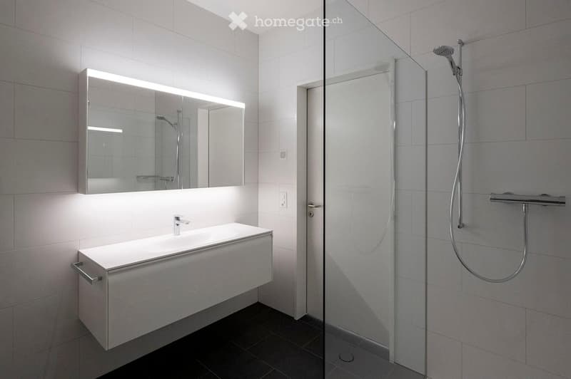 Modern bathroom with a white sink, built-in cabinet, illuminated mirror, and a glass-enclosed shower with a handheld showerhead.