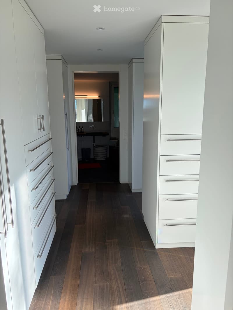 Modern hallway with white built-in cabinets and dark wooden flooring, leading to a bathroom with a sink, mirror, and toilet.