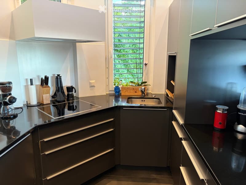 Modern kitchen with dark cabinets, stainless steel appliances, and a sleek induction cooktop. Features include a coffee maker, blender, knife block, and a sink with a window view.
