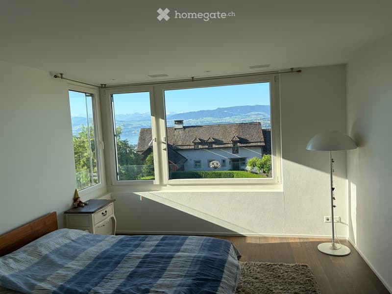 Bright bedroom with large windows offering a scenic mountain view, featuring a wooden bed, nightstand, floor lamp, and a small rug.