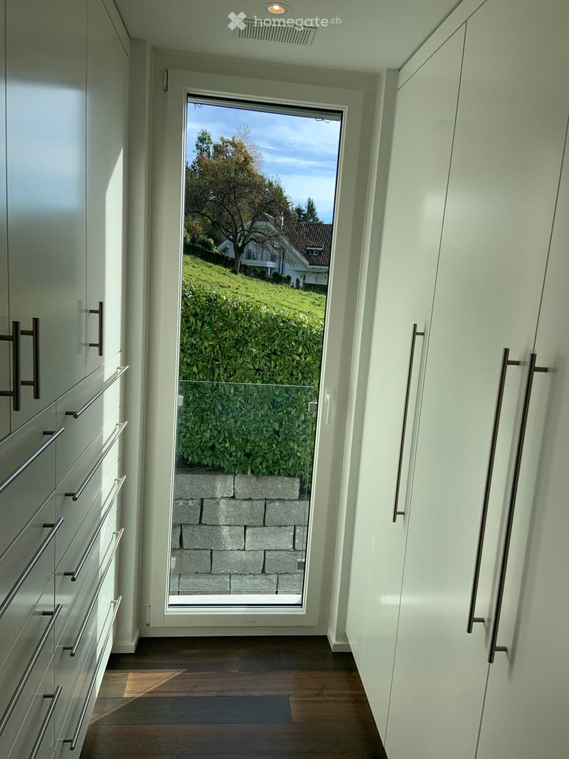 Modern hallway with light green walls, wooden floor, built-in white cabinets with metal handles, and a large window offering a view of a landscaped garden and neighboring house.