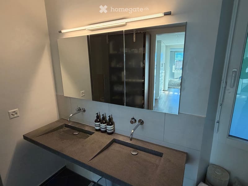 Modern bathroom with a double sink, sleek faucet, large mirror, and decorative bottles on the countertop.