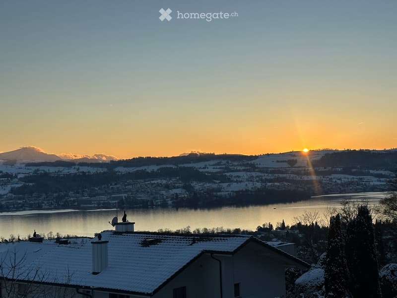 Snow-covered rooftops of houses with a scenic view of a lake and distant mountains at sunset.