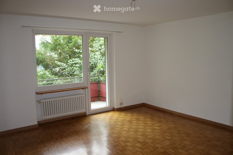 empty room, wooden floor, large window, white walls, white radiator, balcony