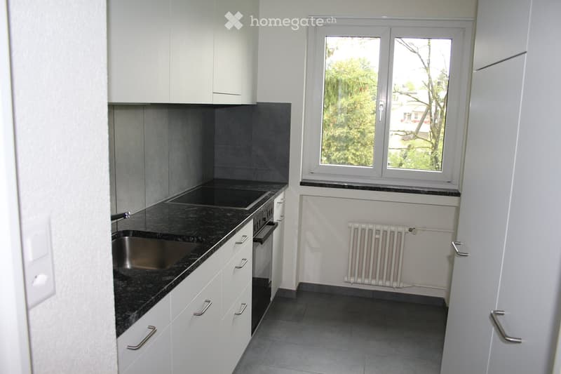 kitchen area with sink, counter, oven, window, radiator
