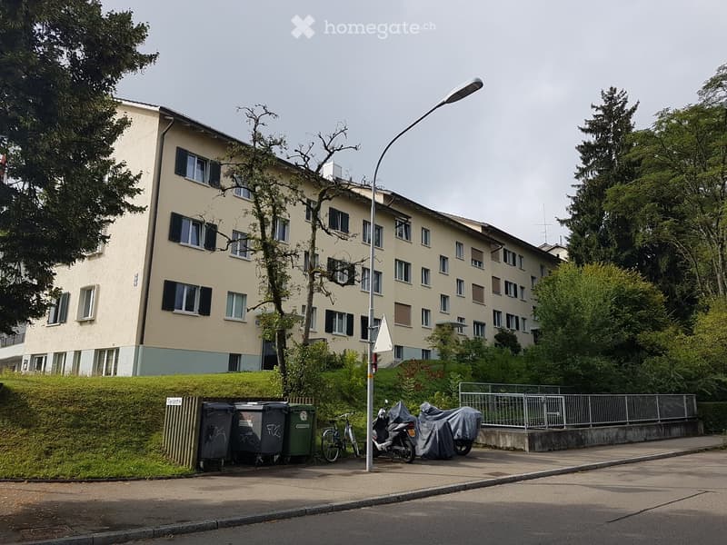Residential apartment building, many windows, located on a slope, street light