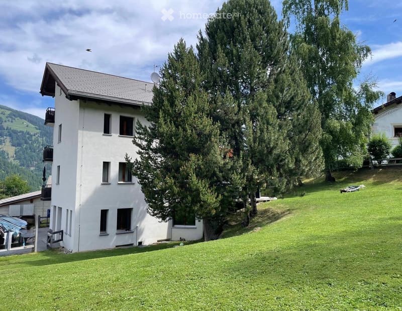 A modern white house with multiple windows and balconies, surrounded by tall trees and a well-maintained lawn, with a scenic mountain view in the background.