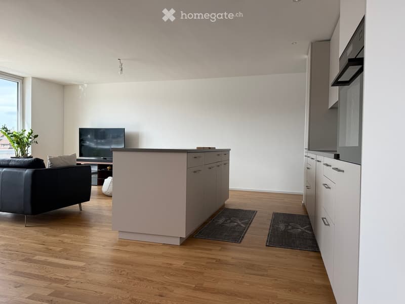 Modern open-plan living and kitchen area with light wood flooring, white walls, grey cabinets, a black leather sofa, a flat-screen TV, and a potted plant near the window.
