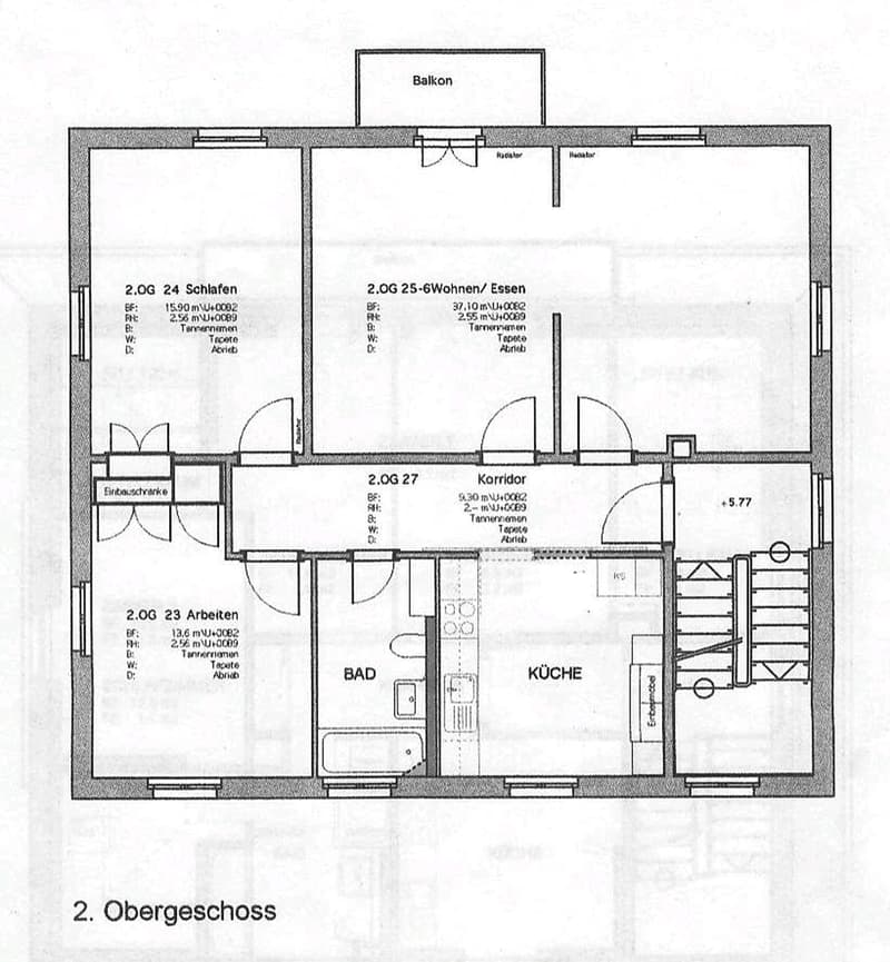 Floor plan of the second upper floor showing a kitchen, bathroom, bedroom, living/dining area, hallway, and balcony access.