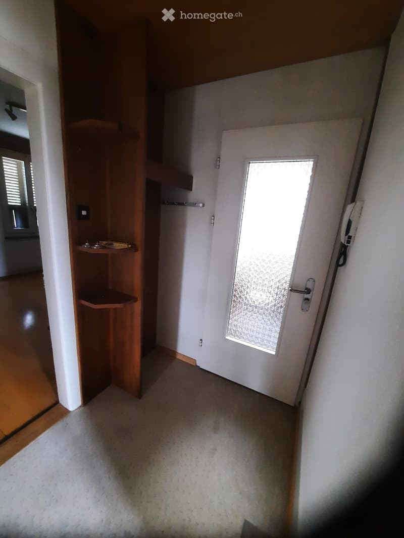 Empty hallway with white walls, carpeted floor, and a wooden shelf on the left side. A white door with a small window is visible at the end of the hallway.