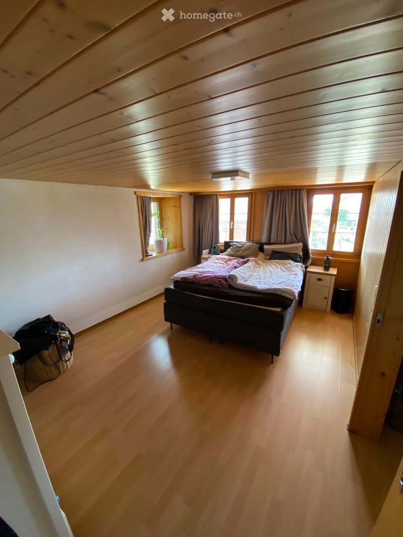 Cozy attic bedroom with wooden slatted ceiling, hardwood floor, large windows with curtains, bed with pillows and blankets, nightstand, mirror, and potted plant on windowsill.