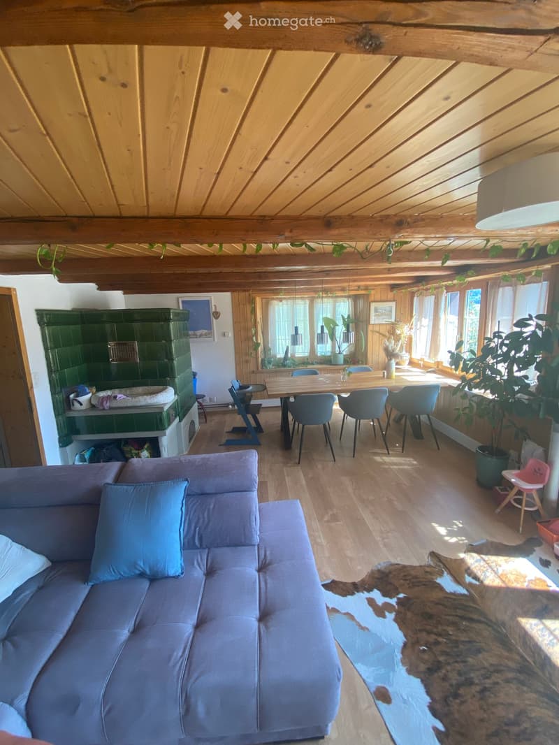 Open-plan living and dining area with exposed wooden beams, a blue sofa, a dining table with chairs, a green tiled stove, and large windows letting in natural light.