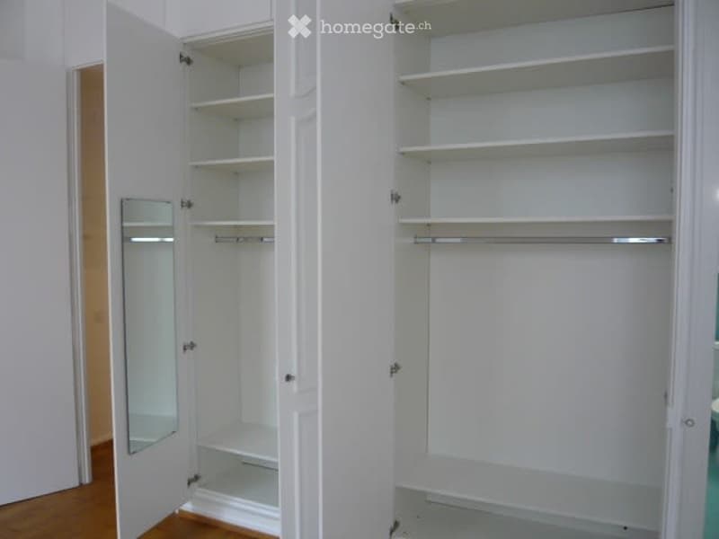 Empty closet, mirrored door, built-in shelves, metal hanging rods
