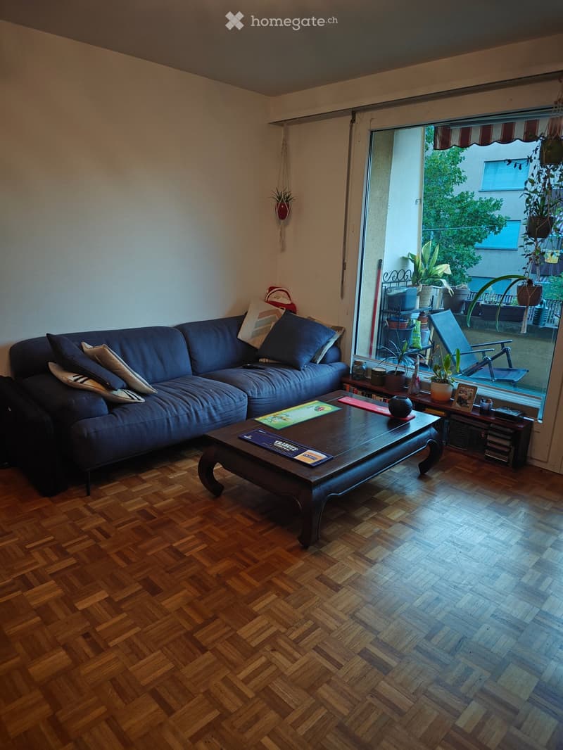 Living room with wooden herringbone flooring, a dark blue sectional sofa, a dark wooden coffee table, and a small table with plants near the balcony entrance.