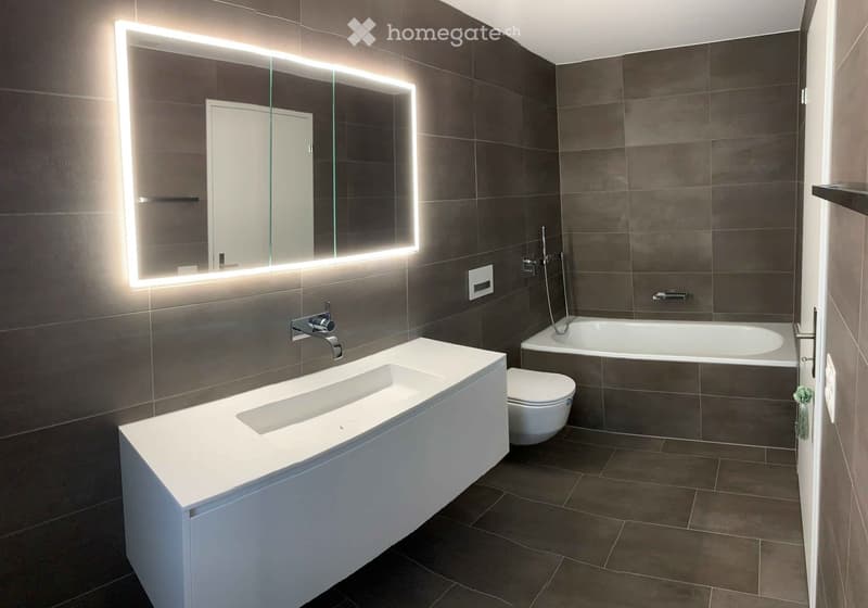 Modern bathroom with dark tiled walls, a white sink, a toilet, a bathtub, and a large illuminated mirror.