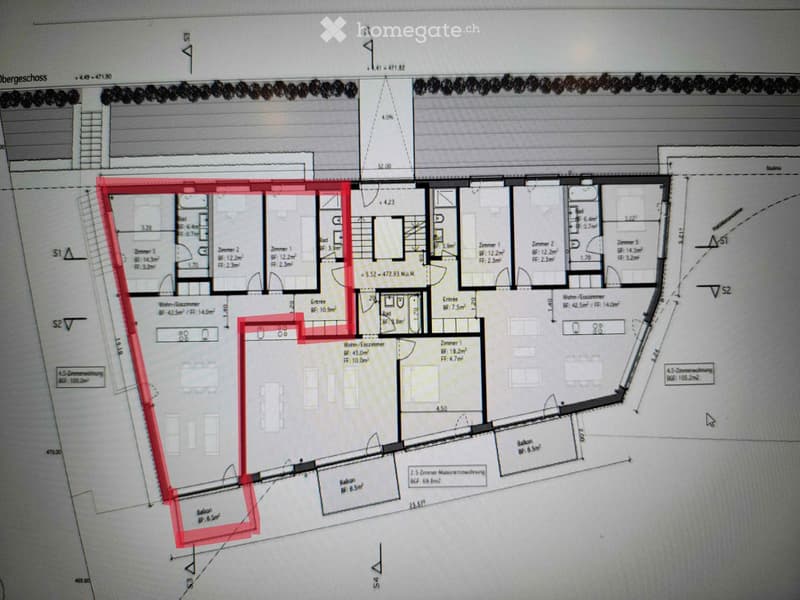 Floor plan showing multiple apartments with labeled rooms, dimensions, and floor areas. Includes living spaces, bedrooms, bathrooms, and entrances.
