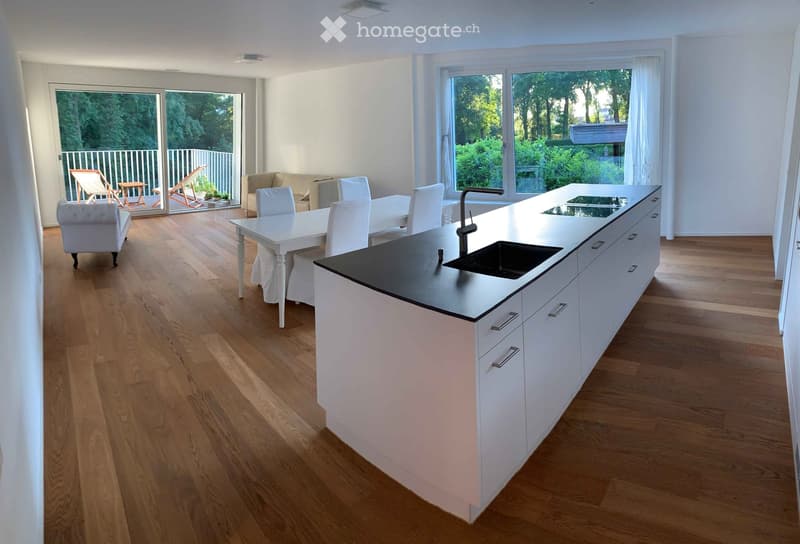 Open-plan kitchen and living area with white cabinets, a black countertop, a sink, a dining table with chairs, and a sofa. The space features wooden flooring and large windows with a view of a balcony and outdoor seating.