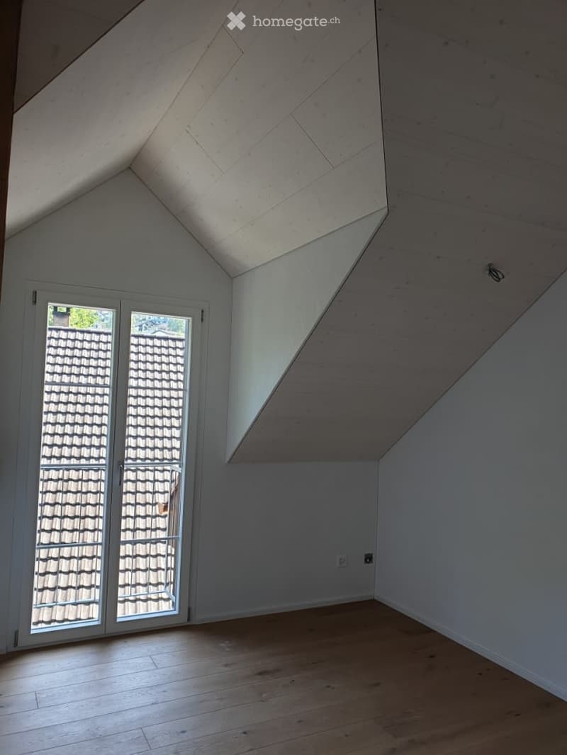 Empty attic room with wooden flooring, white walls, and a skylight window offering a view of the roof.
