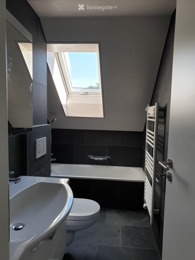 Modern bathroom with dark tiles, a large skylight window, a white sink, toilet, bathtub, and a white radiator.