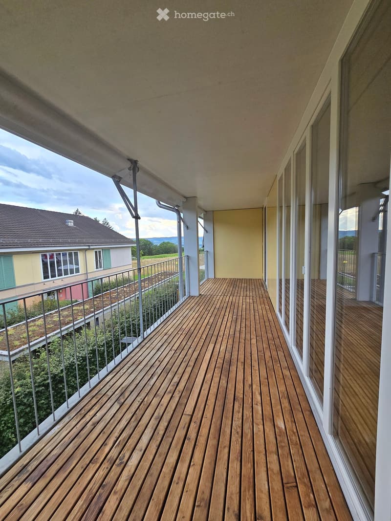 Wooden floor balcony with railings and glass walls, view of a house and landscape