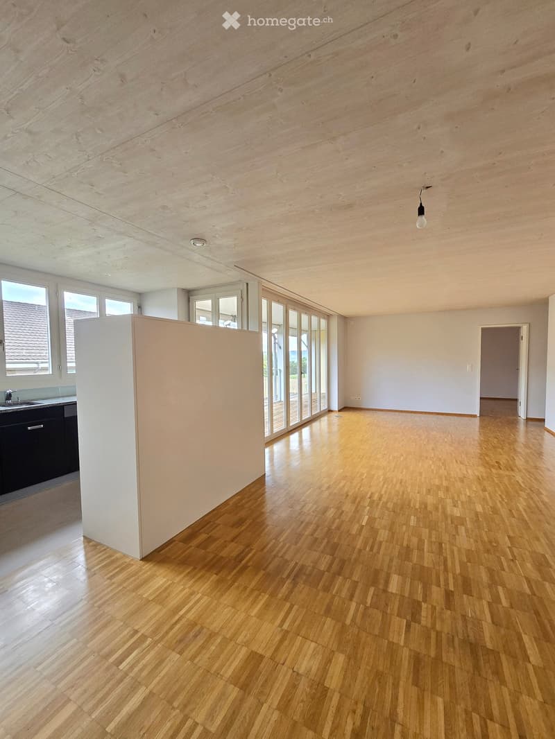 Open floor plan, wooden floor, sliding doors, balcony, kitchen with sink
